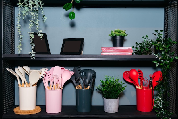 Shelves with kitchen utensils and accessories Interior design in culinary style