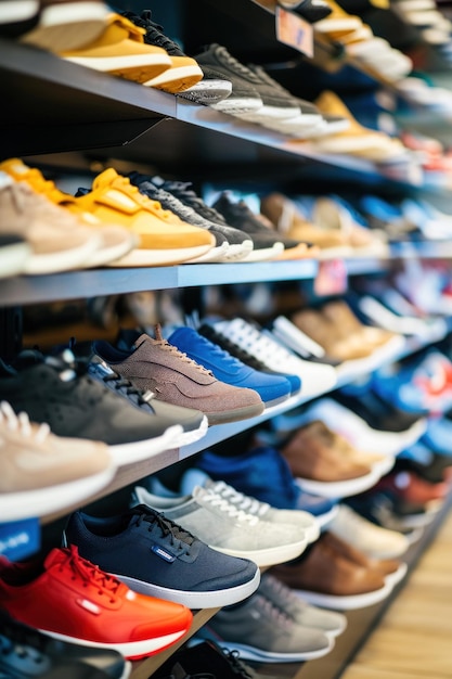 Shelves with many different footwear at shoes store thrift shopping or secondhand store Reselling concept Shoes stall against blurred store background with copy space