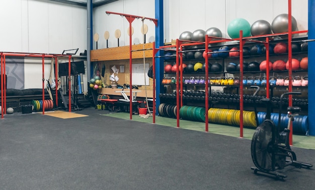 Photo shelves with sports equipment indoor