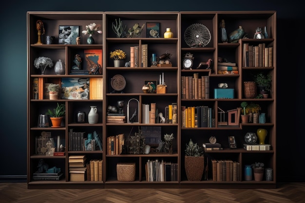 A shelving unit in a room adorned with books and decorative objects