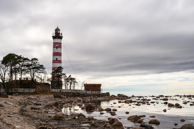 Shepelevsky Lighthouse Leningrad Oblast Whitered lighthouse lighthouse on the shores of the Gulf of Finland