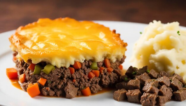 Photo sheperds pie baked mashed potatoes and ground beef with vegetables