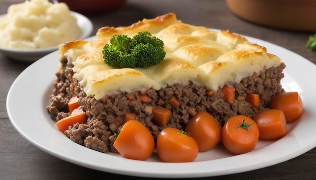 Photo sheperds pie baked mashed potatoes and ground beef with vegetables