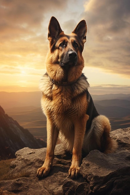 a shepherd dog sits on a rock with the sunset behind him.