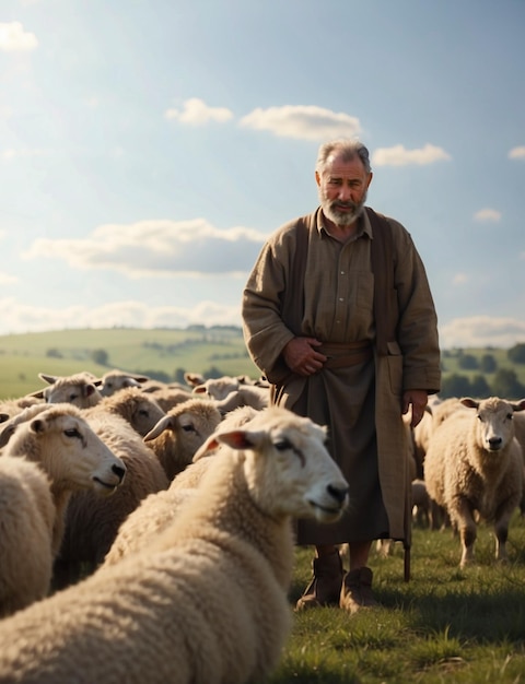 Photo shepherd graze a flock of sheep 1