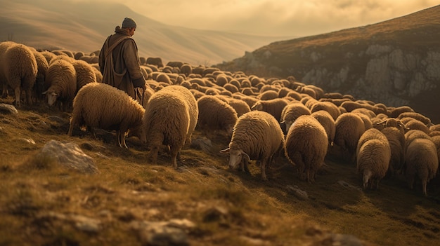 Photo the shepherd on the hillside is grazing the sheep and the flock raises dust