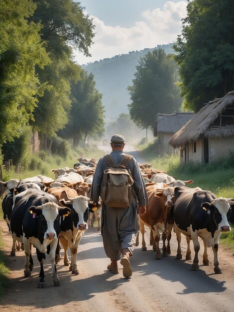 A shepherd is walking along a village road with a cow