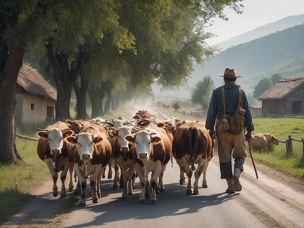 A shepherd is walking along a village road with a cow