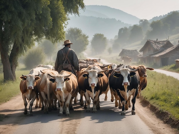 A shepherd is walking along a village road with a cow