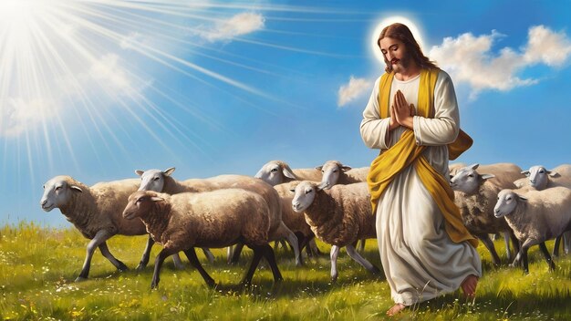 Photo shepherd jesus christ leading the sheep and praying to god and in the field bright sun light and je