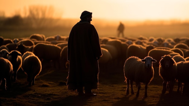 Shepherd Jesus Christ taking care of the lamb and a flock of sheep on the meadow with a brightly rising sunrise landscape Generative AI