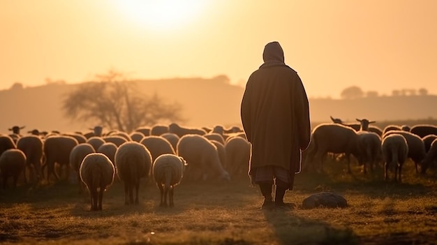 Фото Пастух иисус христос заботится об ягненке и стаде овец на лугу с ярко восходящим восходом солнца генеративный ии
