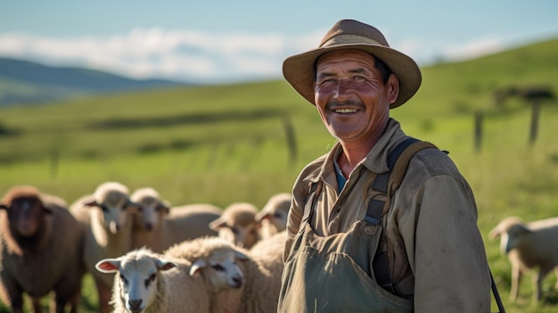 Photo a shepherd walking his flock of sheep