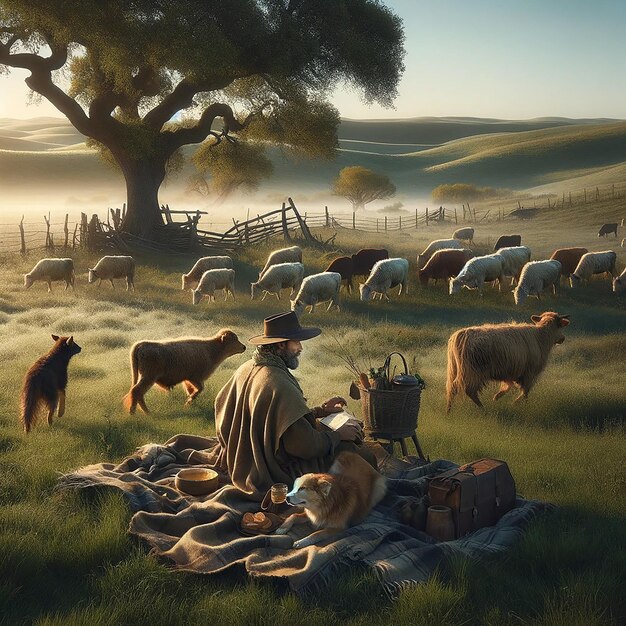 День пастуха начинается с раннего утреннего света, освещающего огромные открытые поля.