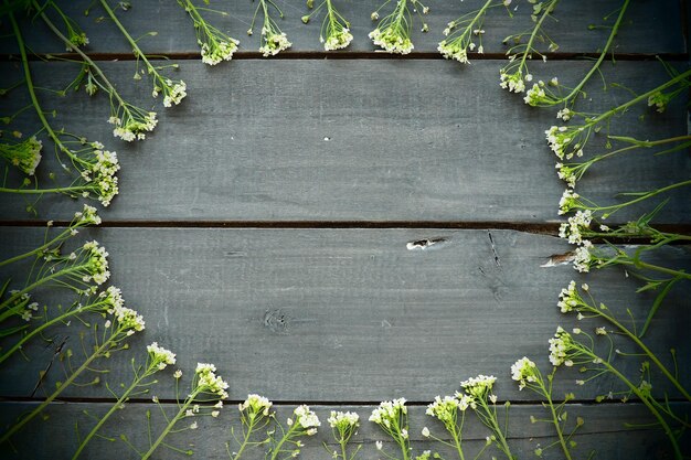 Shepherds purse flowers arranged in a circle on a wooden background or old table small yellow