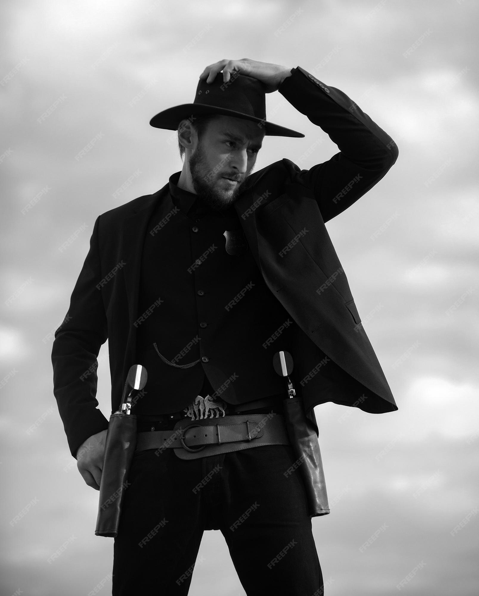 Premium Photo | Sheriff in black suit and cowboy hat wild west western ...