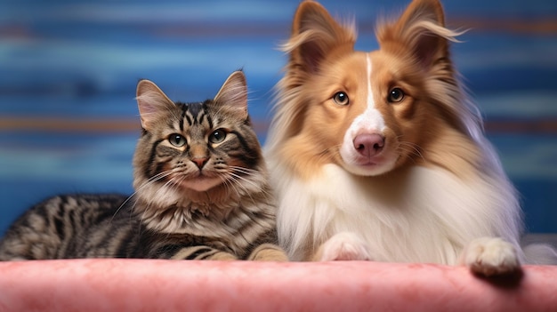 Photo shetland dog and maine coon cat