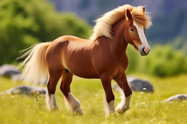 Photo shetland pony walking in a scandinavian landscape