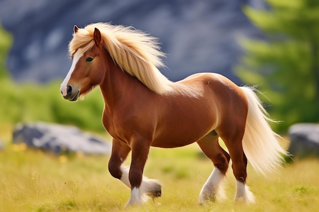 Photo shetland pony walking in a scandinavian landscape