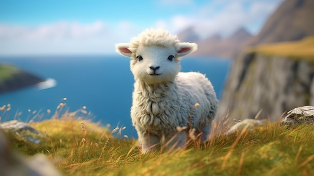 Shetland-schapen op gras met oceaanachtergrond weergegeven in Cinema4d