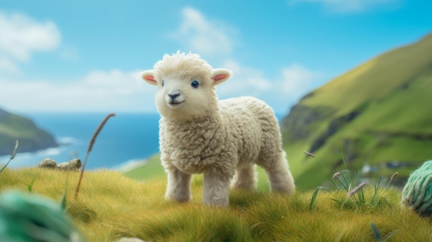 Shetland Sheep On Grassy Hill With Ocean Background