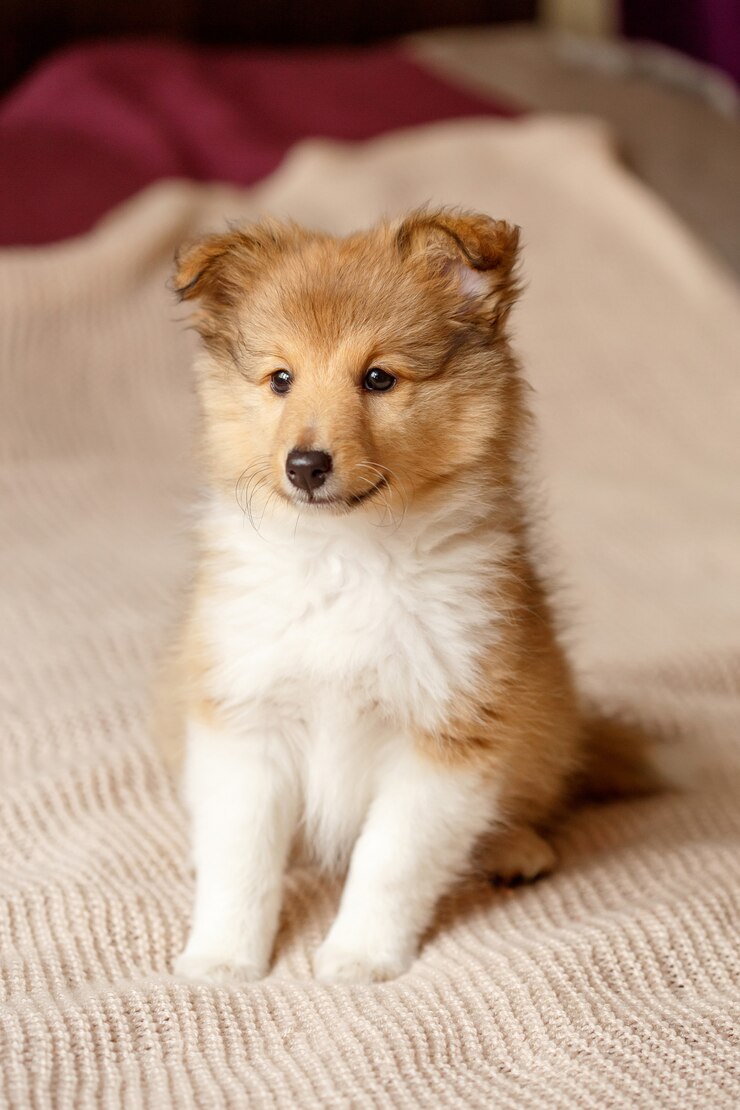 Photo シェットランドシープドッグ。ふわふわの座っているシェルティー犬の子犬