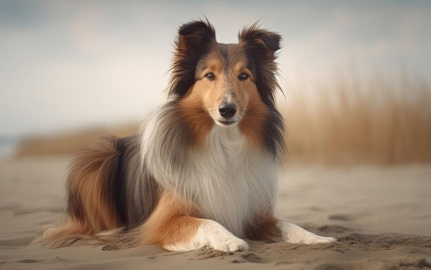 Shetland Sheepdog is sitting on the beach professional advertising post photo ai generated