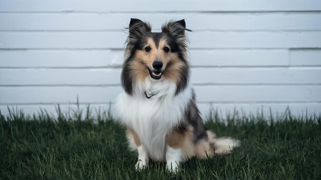 Shetland sheepdog sitting in front of a white wall