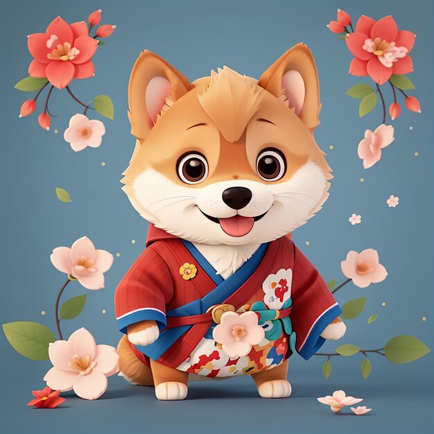 Photo shiba inu dog in japanese costume cartoon vector illustration