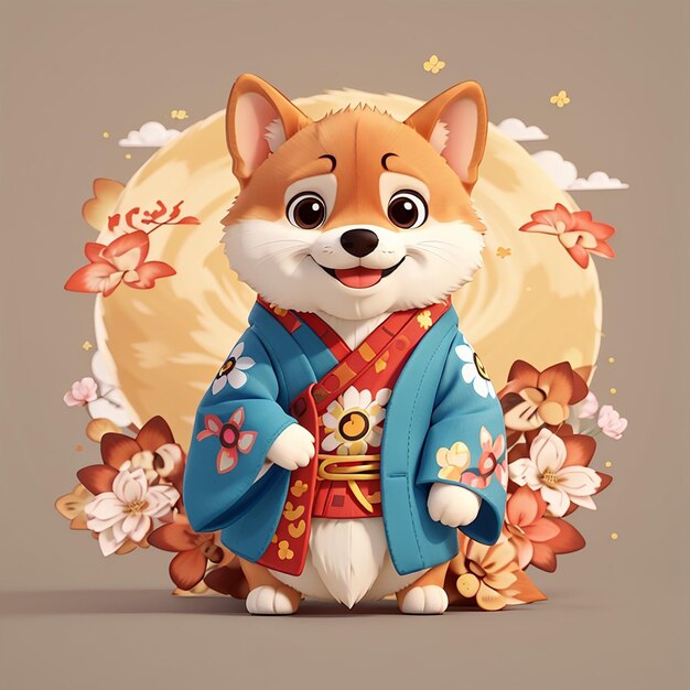 Photo shiba inu dog in japanese costume cartoon vector illustration