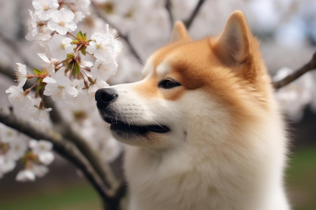 Собака шиба-ину смотрит на цветущую вишню