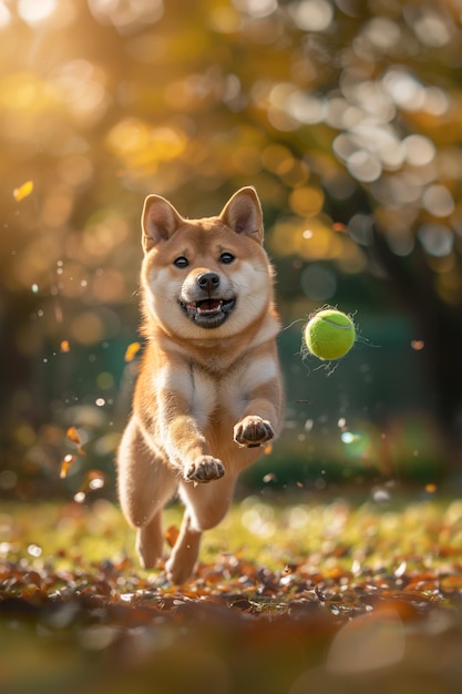 A shiba inu dog running joyfully on a sandy beach after a yellow tennis ball