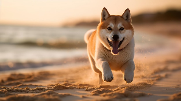 Shiba Inu Dog Running on Sandy Beach Gemaakt met behulp van generatieve AI-tools