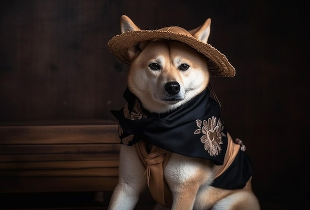 Shiba Inu dog in traditional japanese clothing Generative AI