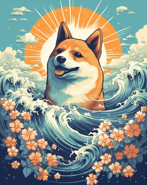 Shiba inu dog in the waves