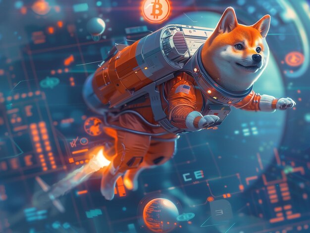 Photo a shiba inu dog wearing an astronaut helmet riding a rocket upwards