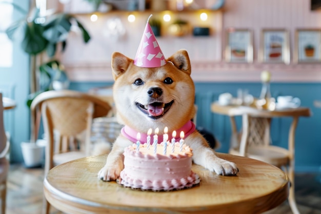 家のテーブルに誕生日ケーキを飾ったシバ・イヌ犬