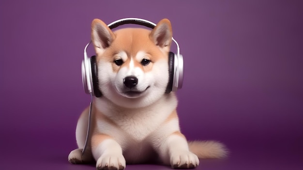 Shiba inu dog with headphones on a purple background