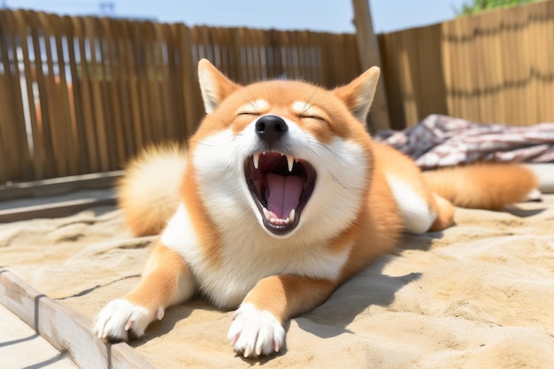 a shiba inu dog yawning in the sand