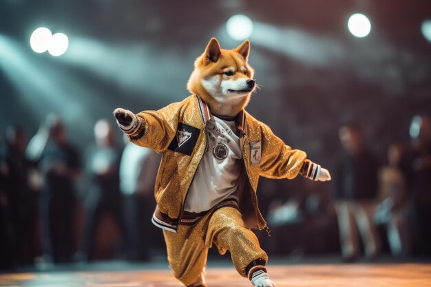 사진 shiba inu 무대 generative ai에서 힙합 슈트를 입고 춤추는 bboy를 입은 일본 개