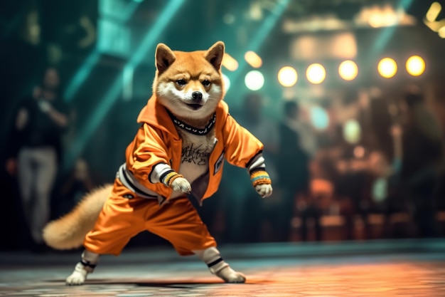 Shiba inu japanese dog wearing hip hop suit dancing bboy on the stage generative ai