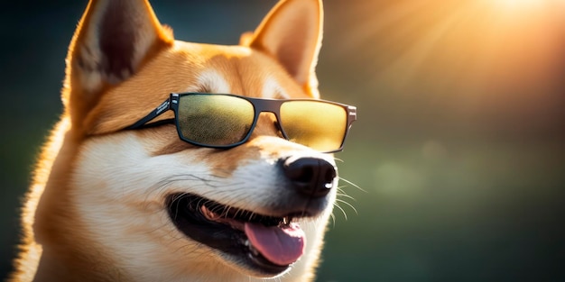 shiba inu met zomerzonnebril, zomerachtergrond