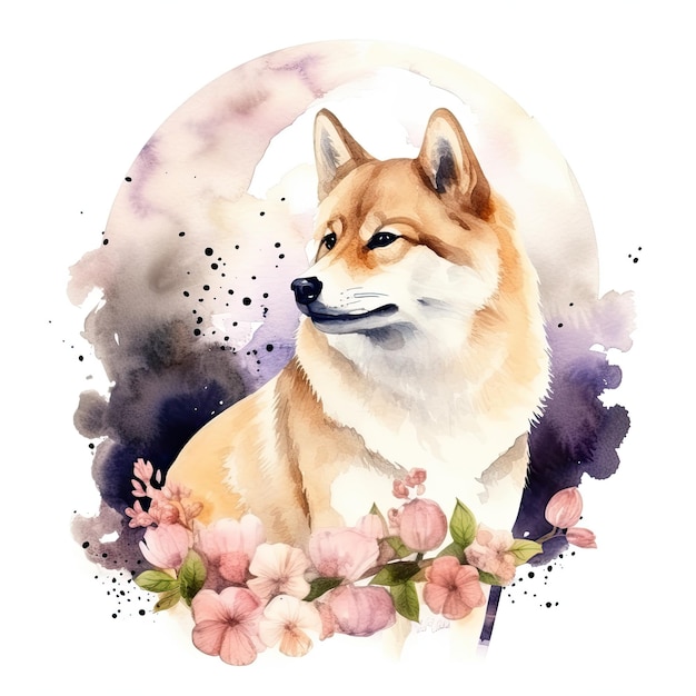 Shiba Inu portret kleine hond aquarel hand getekende illustratie generatieve A