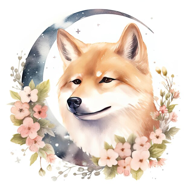 Shiba Inu portret kleine hond aquarel hand getekende illustratie generatieve A