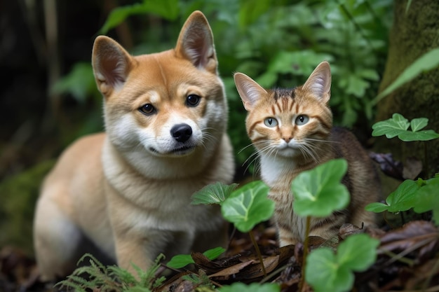 Shiba Inu 강아지와 그의 줄무늬 고양이 동반자