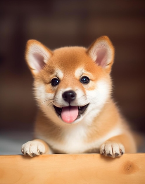 写真 木製のテーブルの上の柴犬の子犬