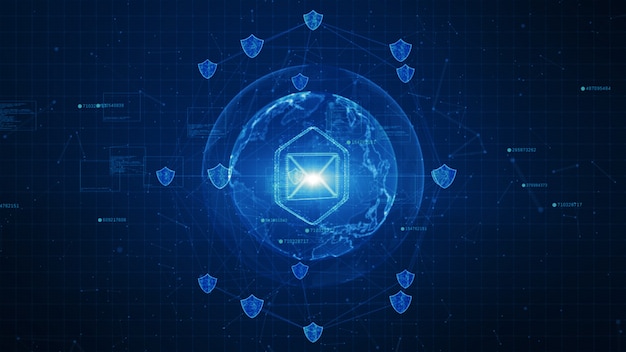 Shield and email icon on secure global network