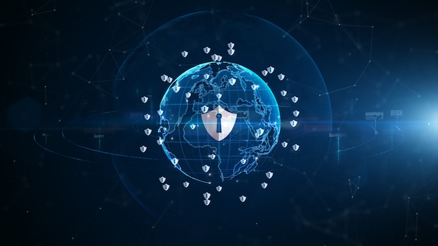 방패 아이콘 사이버 보안, 디지털 데이터 네트워크 보호, 기술 디지털 네트워크 데이터 연결, 디지털 사이버 공간 미래 배경 개념.