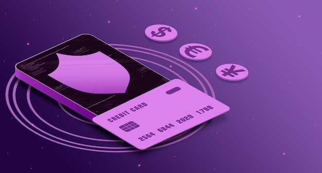 Icona scudo con carta di credito sul telefono con elementi di codice accanto alle icone di valuta, sicurezza dei pagamenti 3d