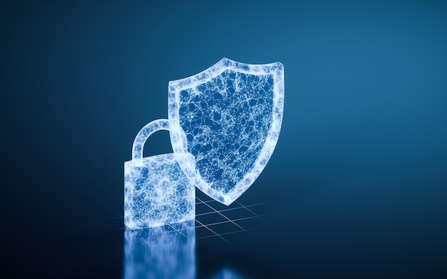 Shield and padlock with blue background 3d rendering